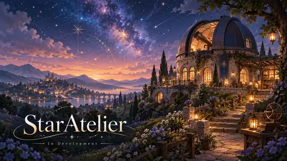 StarAtelier concept art showing a warm fantasy observatory beneath a star-filled sky